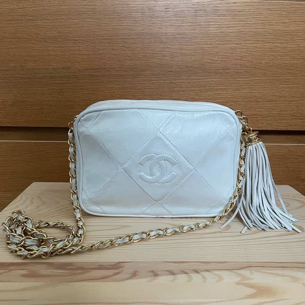 Vintage White Chanel Camera Bag w/ Tassel